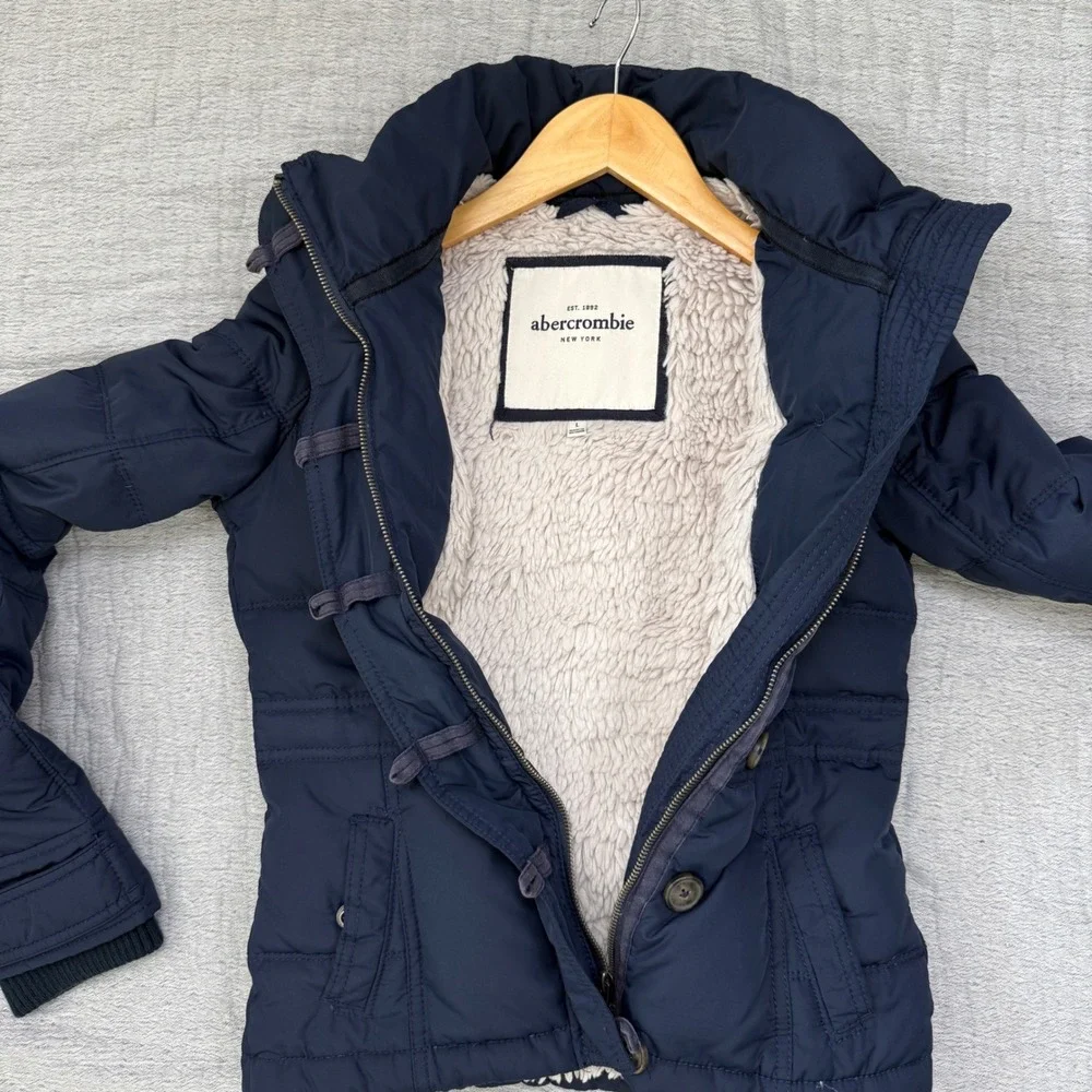Abercrombie Kids Puffer Jacket Navy‎ Blue Fur Lined Button Up Coat Sze L VTG